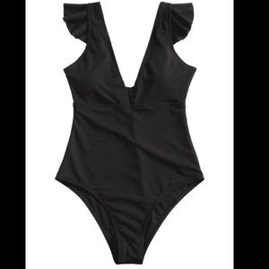 NWT ZAFUL Plunge Ruffle Ribbed One-Piece Swimsuit
